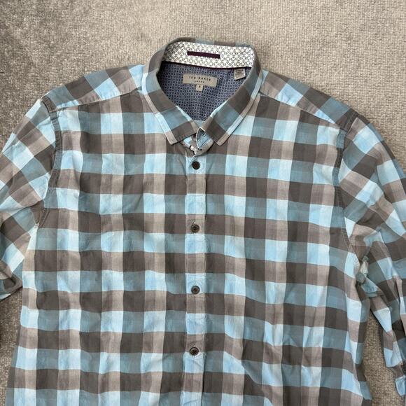 Ted Baker Shirt Mens Large Blue Gray Gingham Long Sleeve Button Front Weybiza - Picture 2 of 8